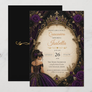 Convites Elegante Quinceañera Roxo Dourado