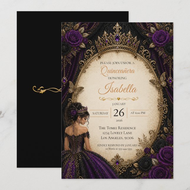 Convites Elegante Quinceañera Roxo Dourado (Frente/Verso)