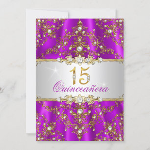 Convites Elegante Quinceanera Roxo e Dourado com Pérola