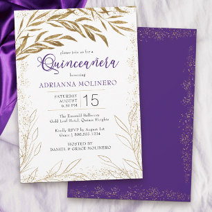 Convites Elegante Quinceanera Roxo e Folhas Douradas