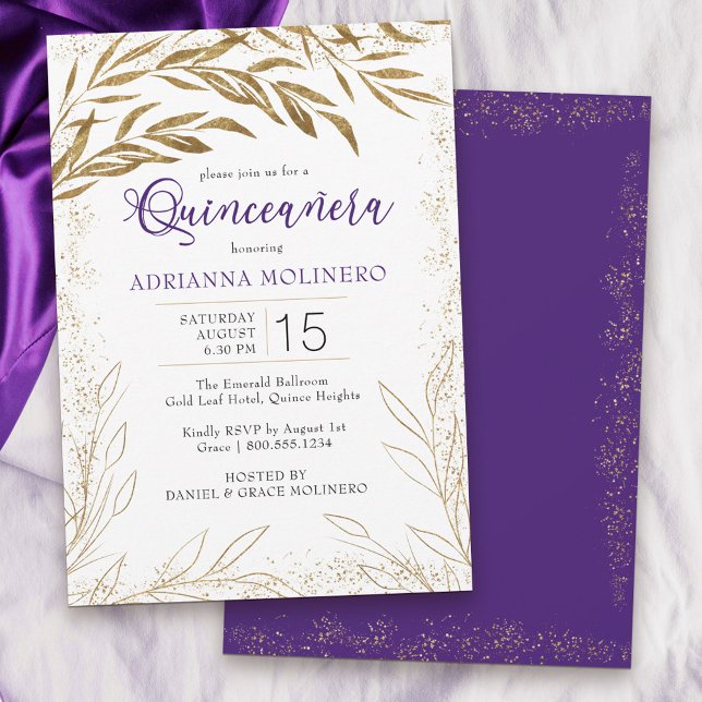 Convites Elegante Quinceanera Roxo e Folhas Douradas (Modern Quinceanera invitation in white, purple and gold from my Gold Leaf Collection)