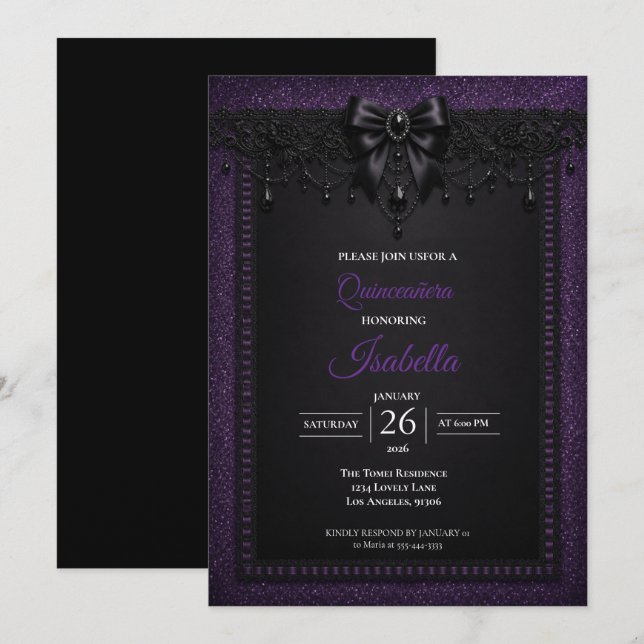 Convites Elegante Quinceañera Roxo Preto (Frente/Verso)