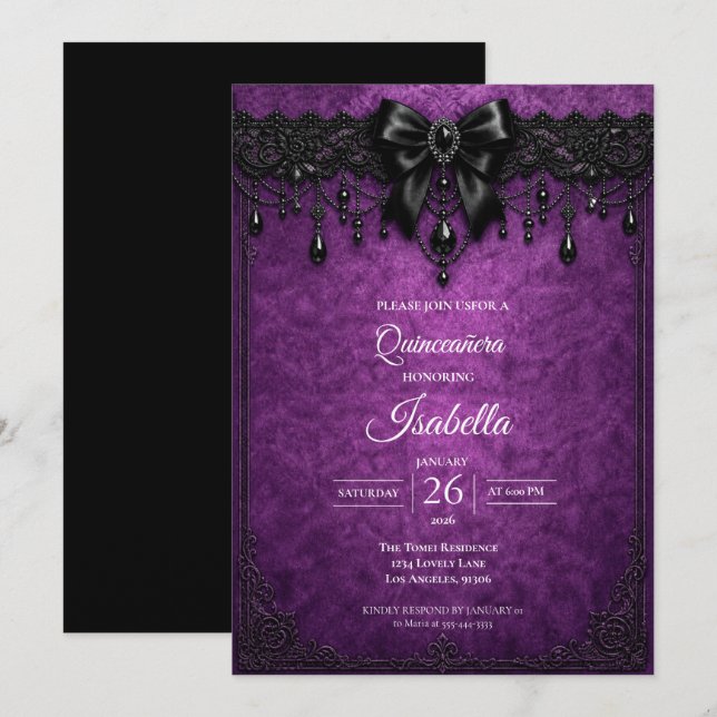 Convites Elegante Quinceañera Roxo Preto (Frente/Verso)