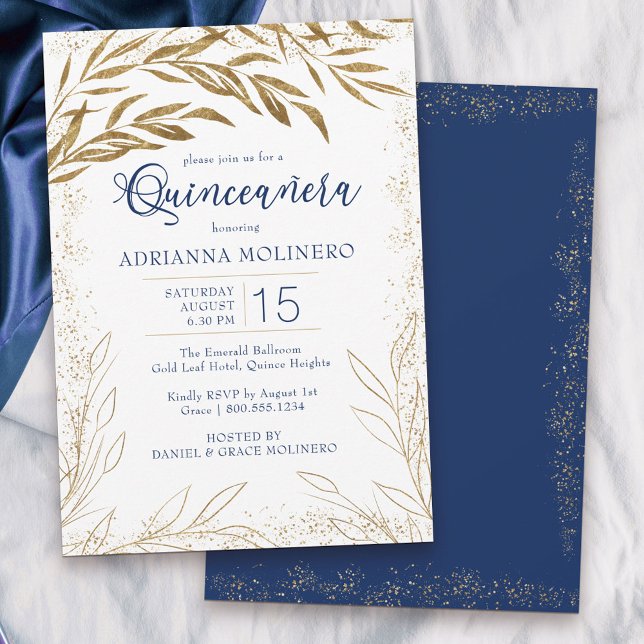 Convites Elegante Quinceanera Royal Blue e Folhas Douradas (Modern Quinceanera invitation in white, blue and gold from my Gold Leaf Collection)