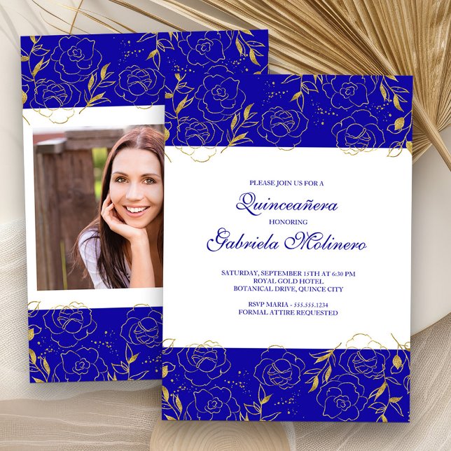 Convites Elegante Quinceanera Royal Blue Foto Dourada Flora (Photo Quinceanera Invitation from my Elegant Gold Flowers Quinceanera Collection)