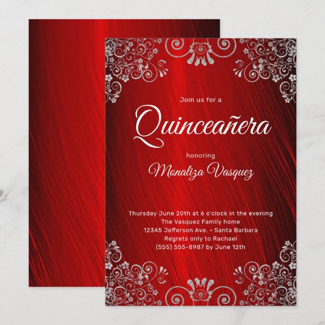 Convites Elegante Quinceañera Ruby Red 15 Birthday (Frente/Verso)