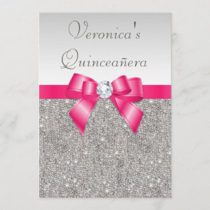 Convites Elegante Quinceañera Silver Sequins Hot Pink Arco