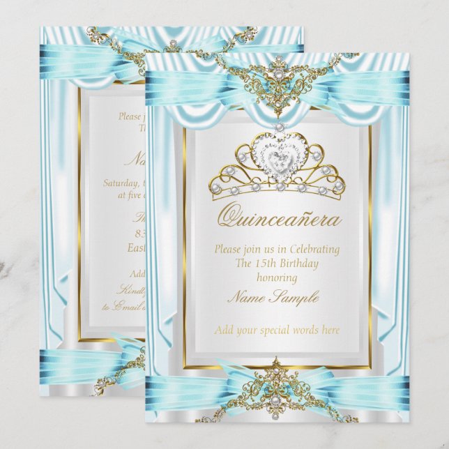 Convites Elegante Quinceanera Teal Azul Prateado Dourado Br (Frente/Verso)