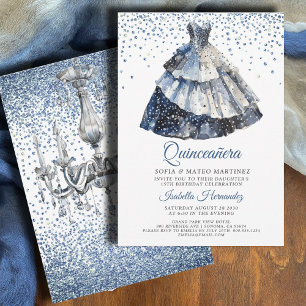 Convites Elegante Quineanera Blue Glitter Blue Gown Party