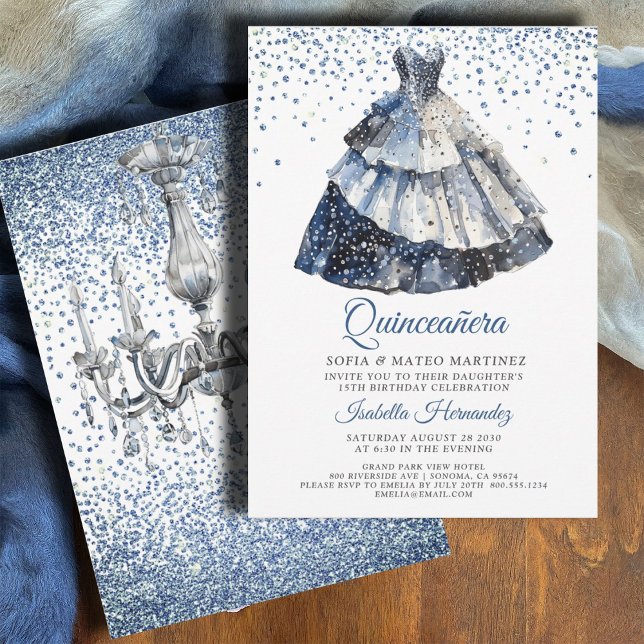 Convites Elegante Quineanera Blue Glitter Blue Gown Party (Criador carregado)