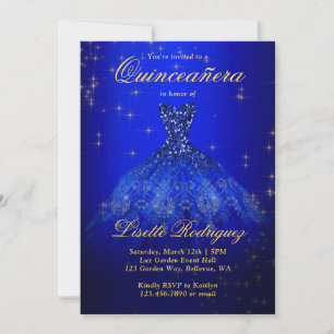 Convites Elegante Real Azul E Dourada Quinceanera