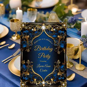 Convites Elegante Rebuscado Pérola Azul Real Dourado aniver
