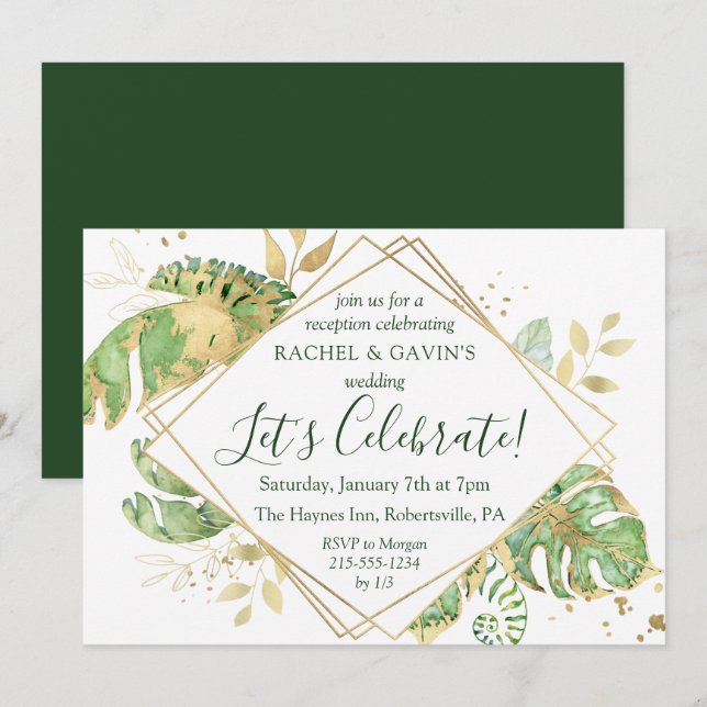 Convites Elegante Recepção de Casamento com Fuga Tropical (Frente/Verso)