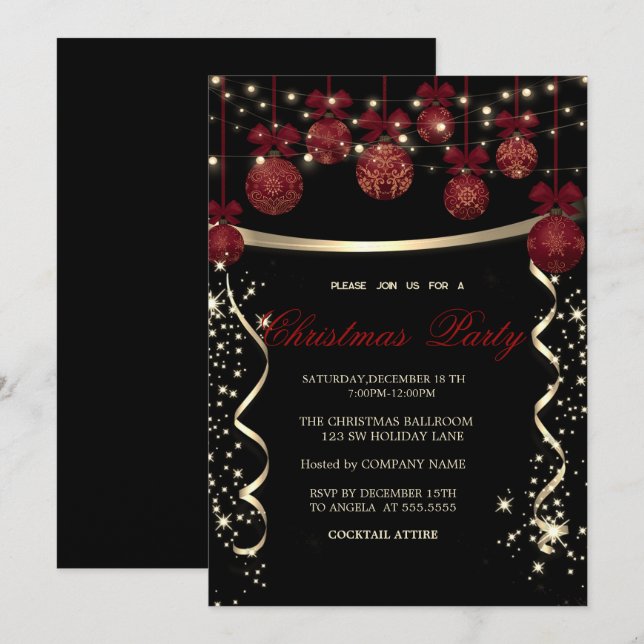 Convites Elegante Red Balls, Festa de Natal da Confetti (Frente/Verso)