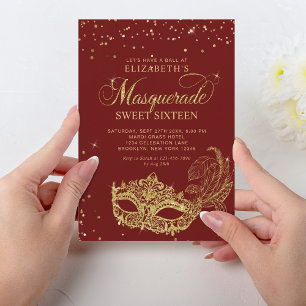 Convites Elegante Red Dourado Glitter Mascarada Doce 16