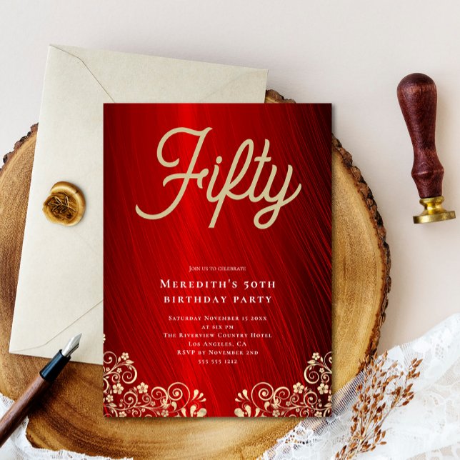 Convites Elegante Red Dourado Swirl 50ª Festa de aniversári (Criador carregado)