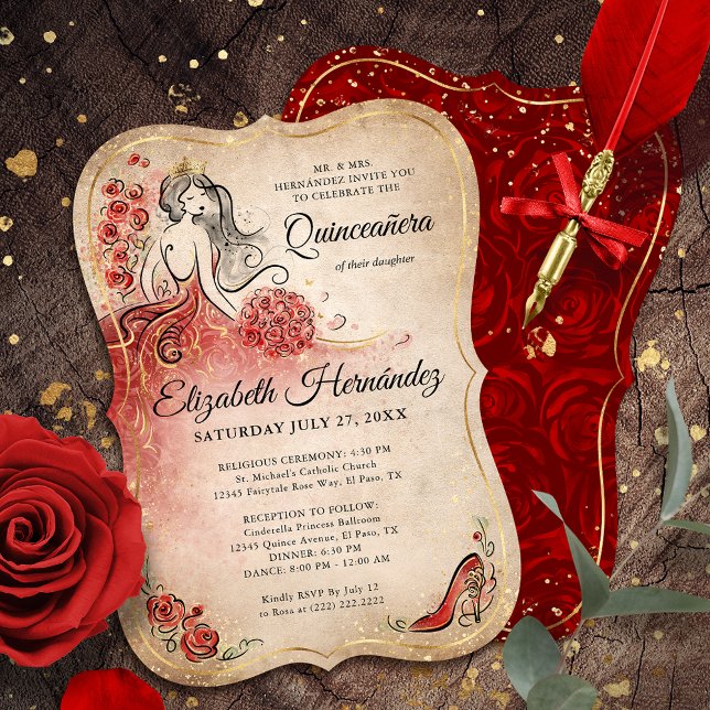 Convites Elegante Red e Dourada Princesa Quinceanera Aniver (Elegant princess red and gold quinceanera invitations that can be personalized by you.)