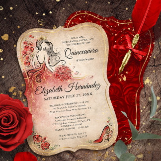 Convites Elegante Red e Dourada Princesa Quinceanera Aniver