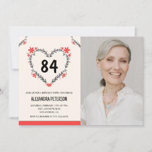 Convites Elegante Red Floral Heart por seu 84 anos