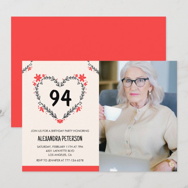Convites Elegante Red Floral Heart por seu 94 anos (Frente/Verso)