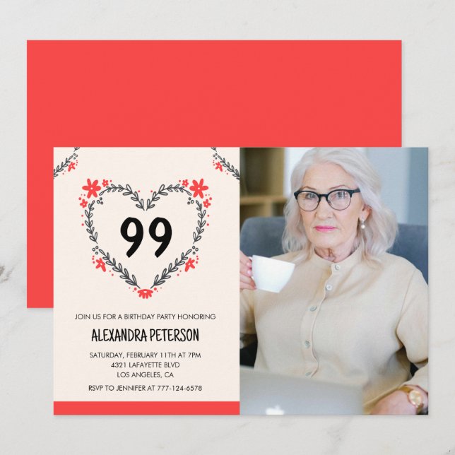 Convites Elegante Red Floral Heart por seu 99º aniversário (Frente/Verso)
