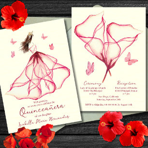 Convites Elegante Red Floral Lily Watercolor Quinceañera