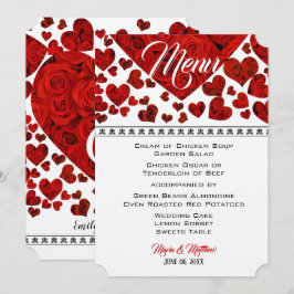 Convites Elegante Red Hearts and Rosa Wedding Menu