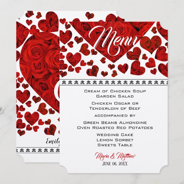 Convites Elegante Red Hearts and Rosa Wedding Menu (Frente/Verso)