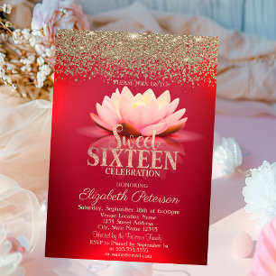 Convites Elegante Red Lotus Dourado Confetti Diamond Sweet