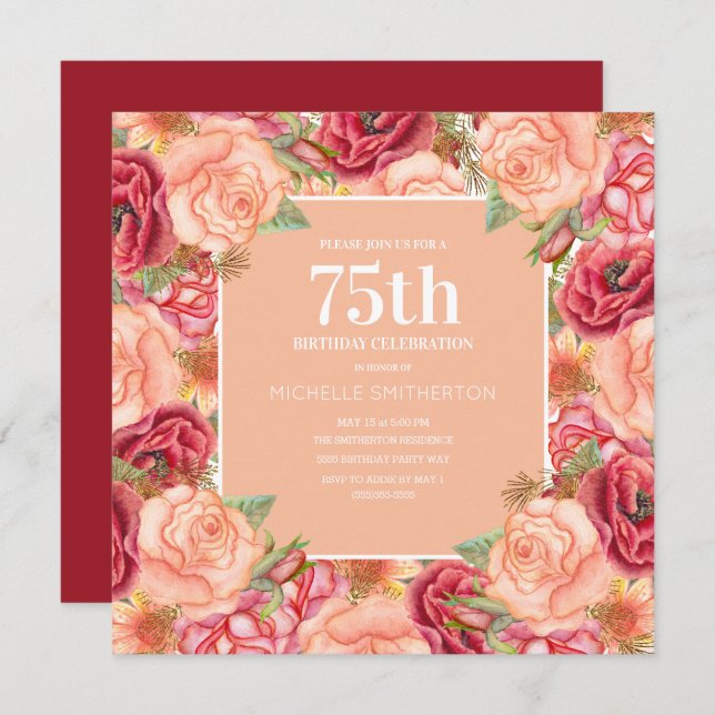 Convites Elegante Red Pink Floral 75ª Festa de aniversário  (Frente/Verso)