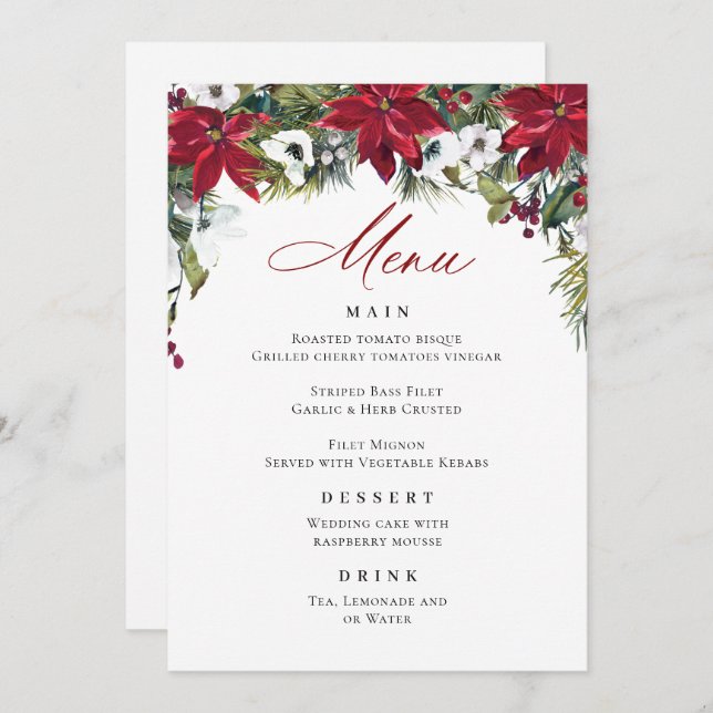 Convites Elegante Red Poinsettia Menu de Casamento de Natal (Frente/Verso)