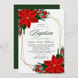 Convites Elegante Red Poinsettia Pine Greenery Baptism