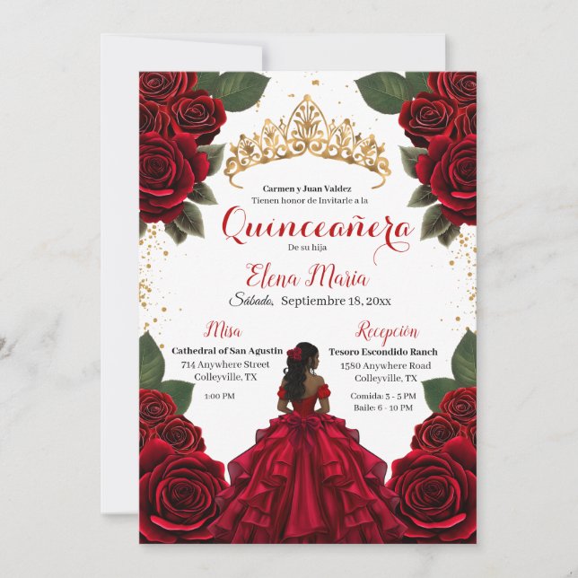 Convites Elegante Red Quinceañera Rosa Glitter Dourado (Frente)
