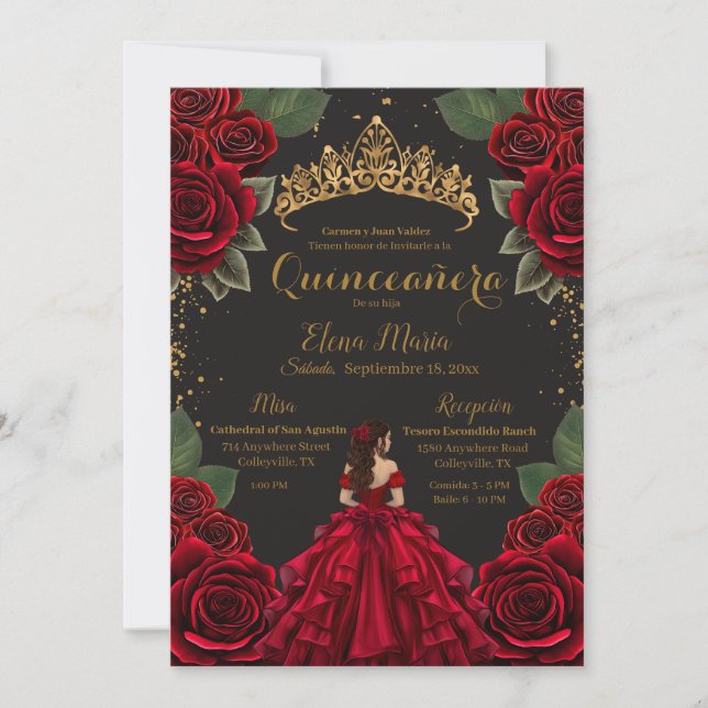 Convites Elegante Red Quinceañera Rosas Dourada Glitter (Frente)