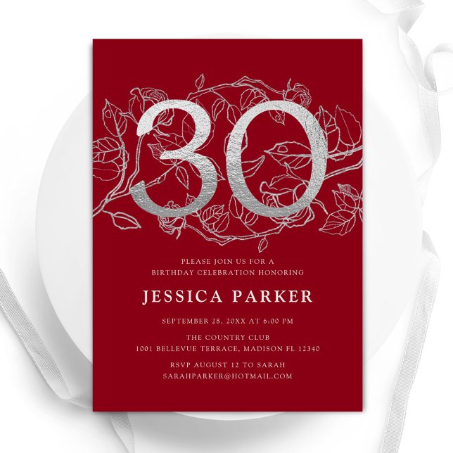 Convites Elegante Red Silver aniversário de 30 anos (Criador carregado)