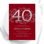 Convites Elegante Red Silver aniversário de 40 anos<br><div class="desc">Elegante convite de festas de aniversário de 40 anos de prata vermelha. Design feminina moderna personalizável, com sotaques botânicos rosas e prata brilhante fraca. Simples cartão de convite floral perfeito para uma comemoração de um na moda. Personalize com seus próprios detalhes. Impressos convites Zazzle ou modelo de impressão digital instantânea...</div>