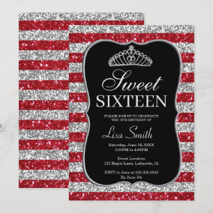 Convites Elegante Red Silver Glitter Tiara Sweet 16