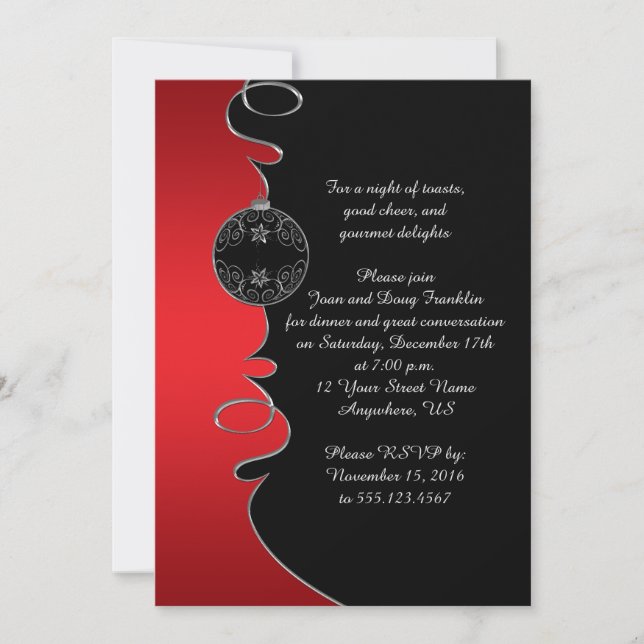 Convites Elegante Red Silver Swirls Black Christmas Party (Frente)