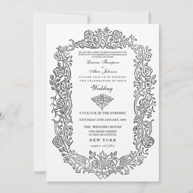 Convites Elegante Regal Fairytale Birds Border Wedding Invi (Frente)