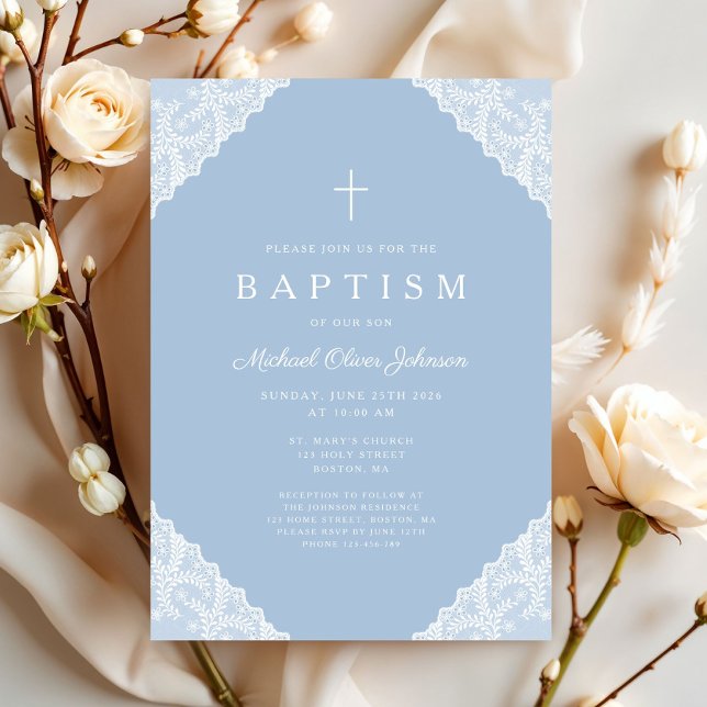Convites Elegante Renda Azul Batismo de Bebê Menino (Elegant Lace Navy Blue Baby Boy Baptism Invitation)