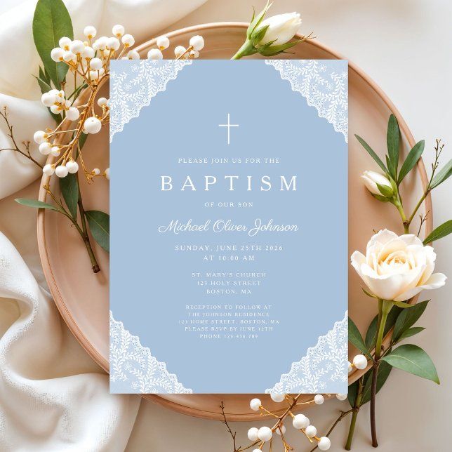 Convites Elegante Renda Azul Batismo de Bebê Menino (Elegant Lace Navy Blue Baby Boy Baptism Invitation)