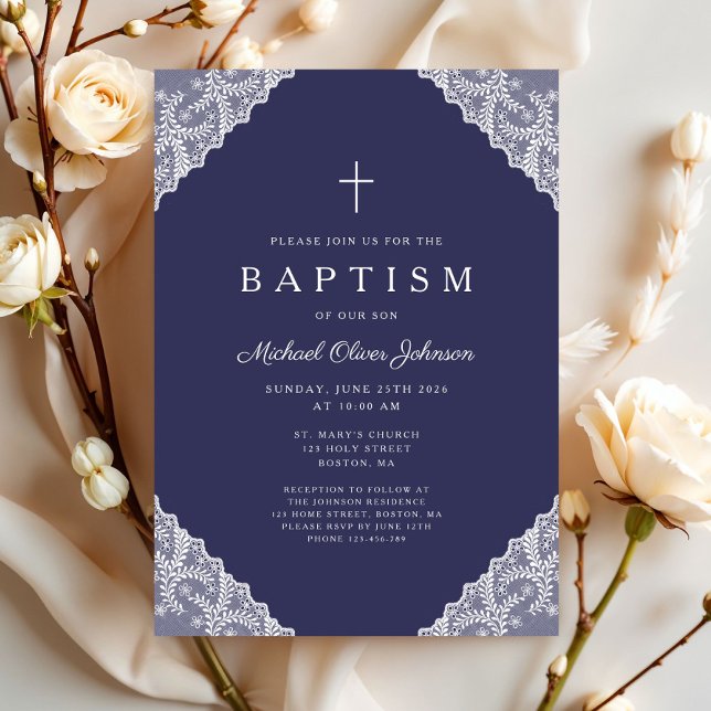 Convites Elegante Renda Azul Marinho Batizado Menino Bebê (Elegant Lace Navy Blue Baby Boy Baptism Invitation)