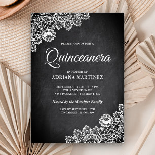 Convites Elegante Renda Branca Rústica Quadro Negro Quincea