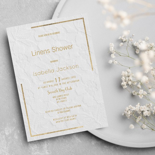 Convites Elegante renda de flores de ouro branco Linens Sho (Elegant white gold floral lace Linens Shower )