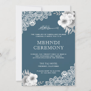 Convites Elegante Renda Floral Azul Islâmica Muçulmana Mehn