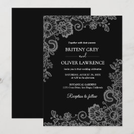 Convites Elegante Renda Floral Preta e Prata para Casamento
