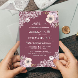 Convites Elegante Renda Floral Rosa Casamento Islâmico Muçu