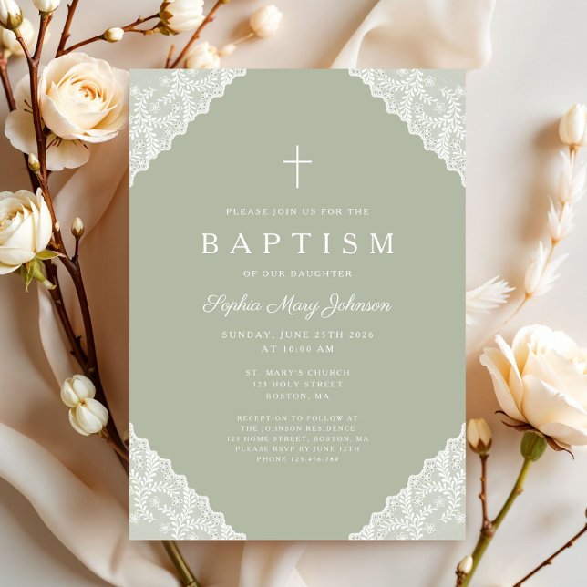 Convites Elegante Renda Verde Sálvia Batismo (Elegant Lace Sage Green Baptism Invitation)