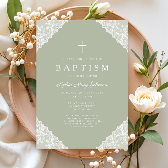 Convites Elegante Renda Verde Sálvia Batismo (Elegant Lace Sage Green Baptism Invitation)