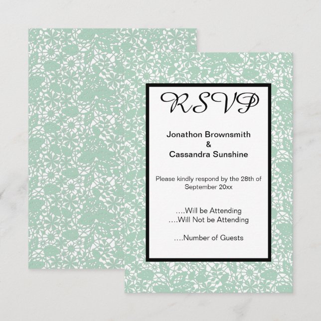 CONVITES ELEGANTE RESPOSTA EM LACE VERDE SAGE (Frente/Verso)